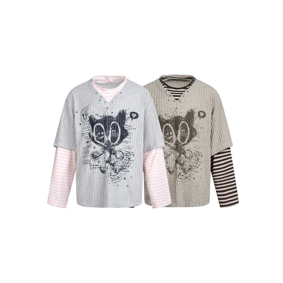 Damen Lagenlook-Longsleeve mit gestreiften Ärmelärmeln und grafischem Statement-Print Shop Nory