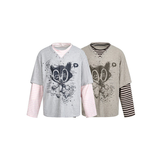 Damen Lagenlook-Longsleeve mit gestreiften Ärmelärmeln und grafischem Statement-Print Shop Nory