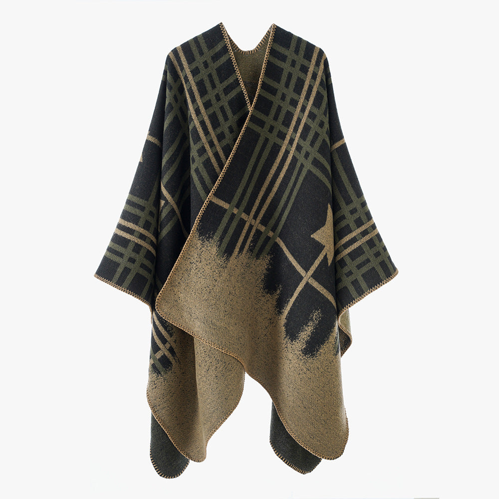 Damen Oversize-Capeponcho aus Wollmix mit Stern- und Karojacquard und weichfallendem Fall Shop Nory