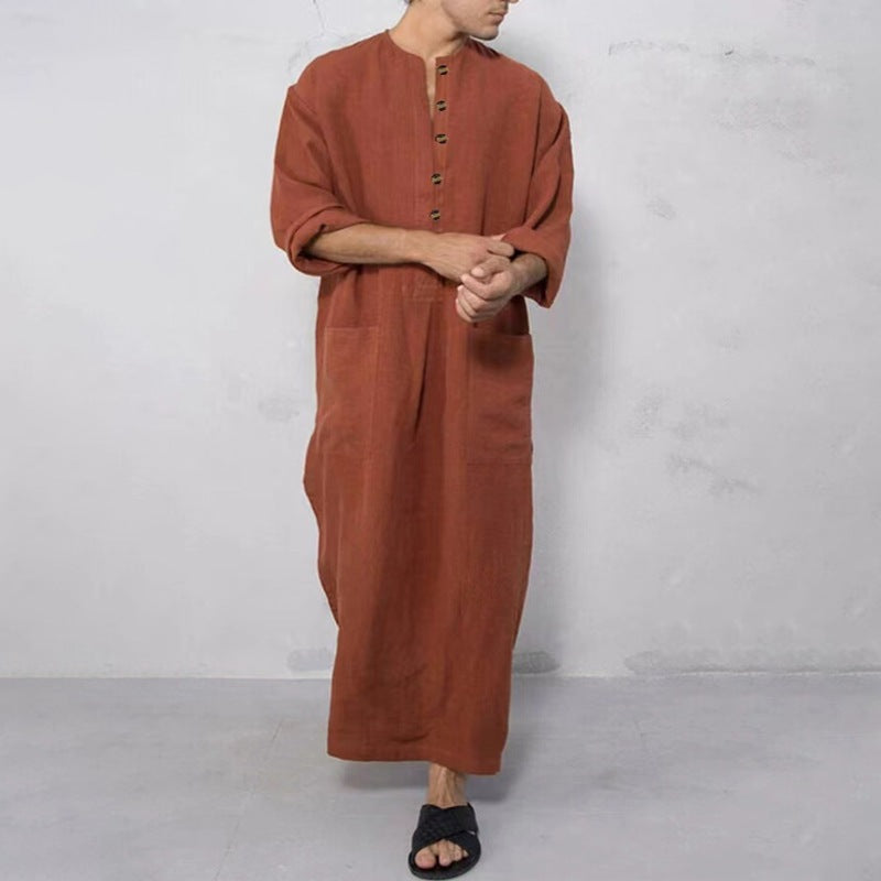 Herren nan weites langes Tunika-Kaftan aus atmungsaktivem Leinen mit Stehkragen Knopfblende und aufgesetzten Taschen