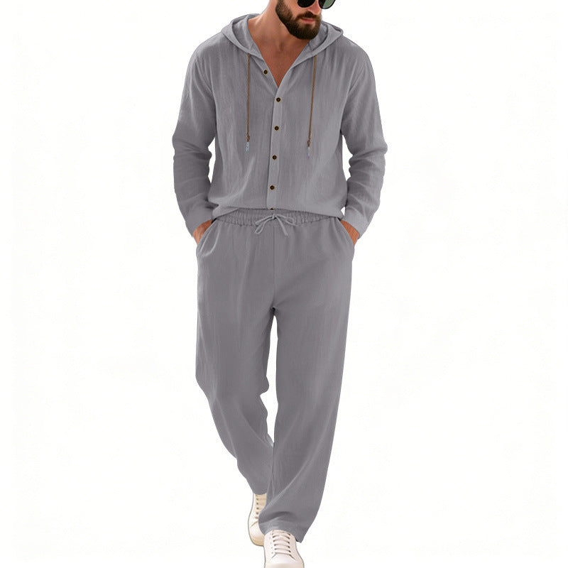 Herren nan legeres Kapuzen-Lounge-Set mit Knopfleiste, Kordelbundhose und seitlichen Eingrifftaschen Shop Nory