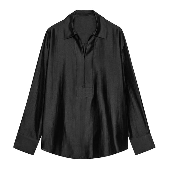 Damen Locker geschnittene Tunika-Hemdbluse mit halboffenem V-Ausschnitt und breiten Manschetten Shop Nory
