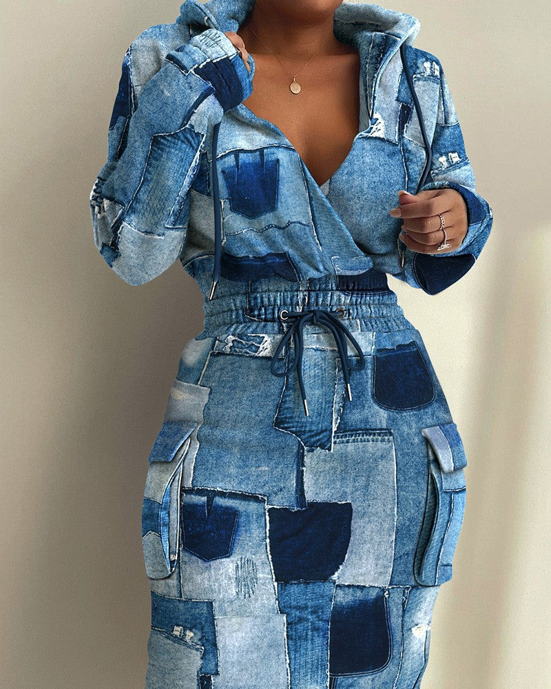 Damen Kapuzen Sweatkleid mit V-Ausschnitt, Kordelzug-Taille und Cargo-Taschen Shop Nory