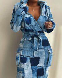 Denimblau mit Druck
