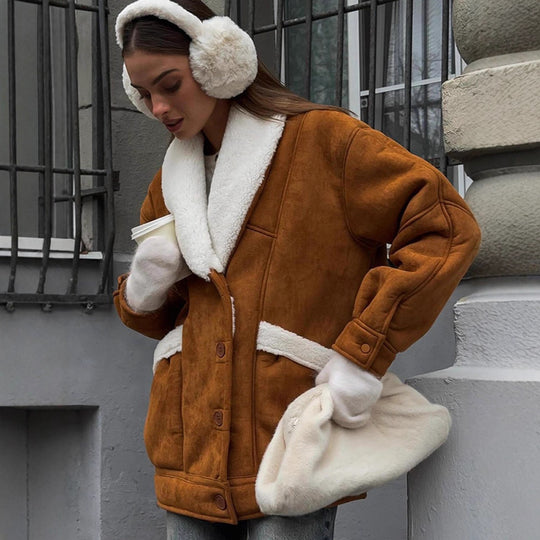 Damen Oversized Lammfellimitat Jacke mit großem Schalkragen Shop Nory