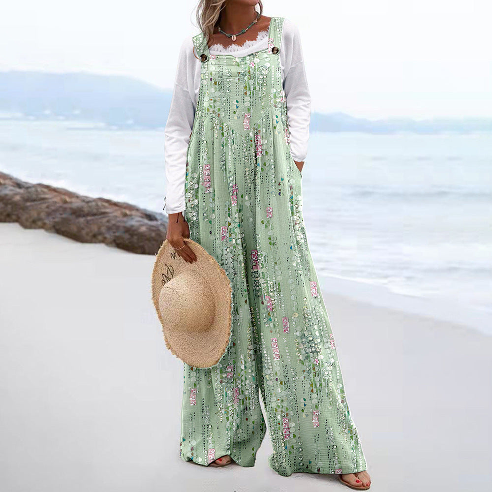 Damen Weit geschnittene Latzhose mit floralem Muster und praktischen Taschen Shopnory