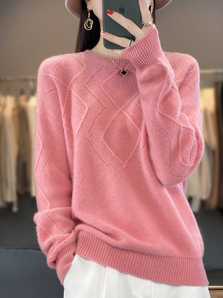 Damen Weicher Rautenmuster-Pullover im Mohair‑Look mit feiner Ajourstruktur und Rundhalsausschnitt Shop Nory