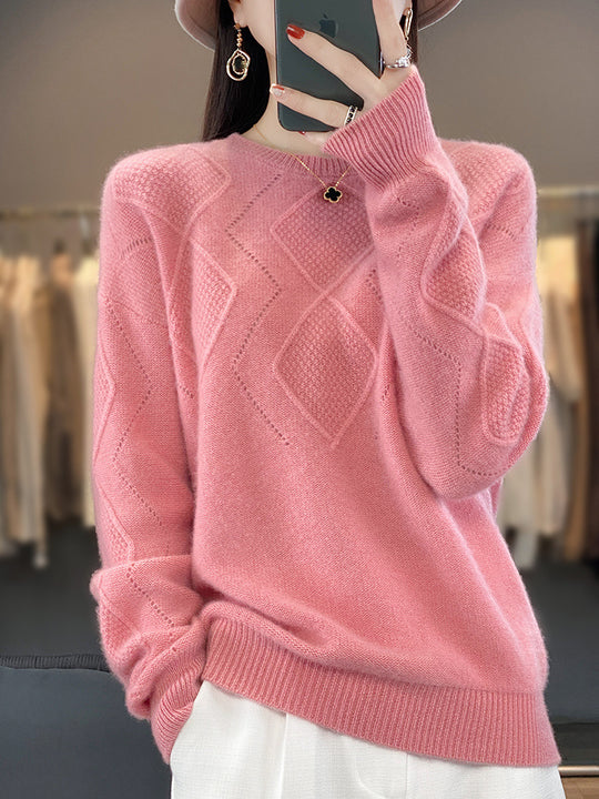 Damen Weicher Rautenmuster-Pullover im Mohair‑Look mit feiner Ajourstruktur und Rundhalsausschnitt Shop Nory