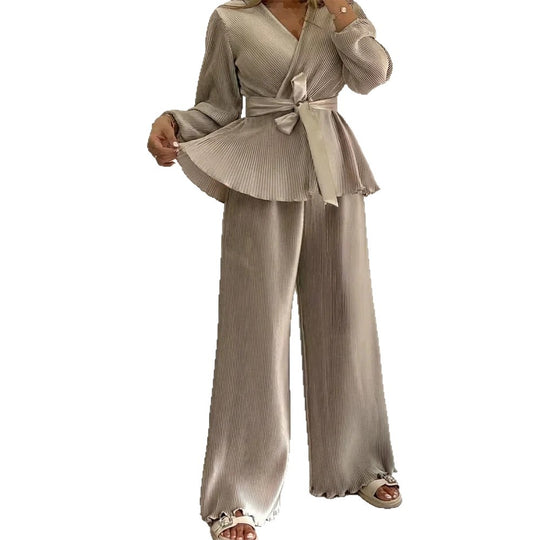 Damen Eleganter Plissee-Zweiteiler mit Wickelshirt, Taillengürtel und weitem Bein Shop Nory