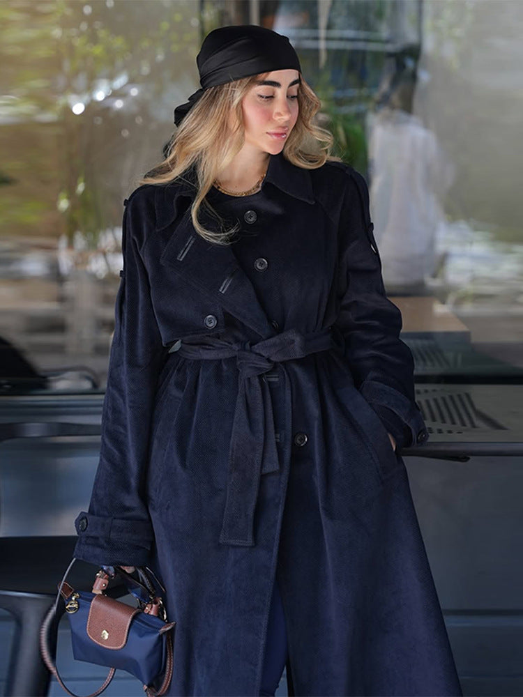 Damen langer Cord-Trenchcoat mit Bindegürtel und Oversize-Schultern Shop Nory