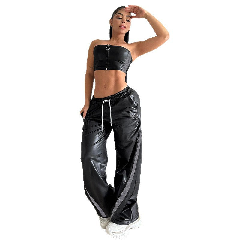 Damen nan weite Kunstleder-Trackpants mit elastischem Bund, Tunnelzug und seitlichen Streifen Shop Nory
