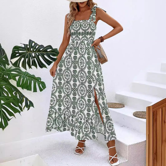 Damen Maxikleid mit Smok-Bustier, Bindeträgern und seitlichem Beinschlitz Shop Nory