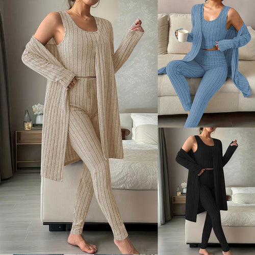 Damen Dreiteiliges geripptes Lounge-Set mit Longcardigan, Crop-Top und High-Waist-Leggings Shop Nory