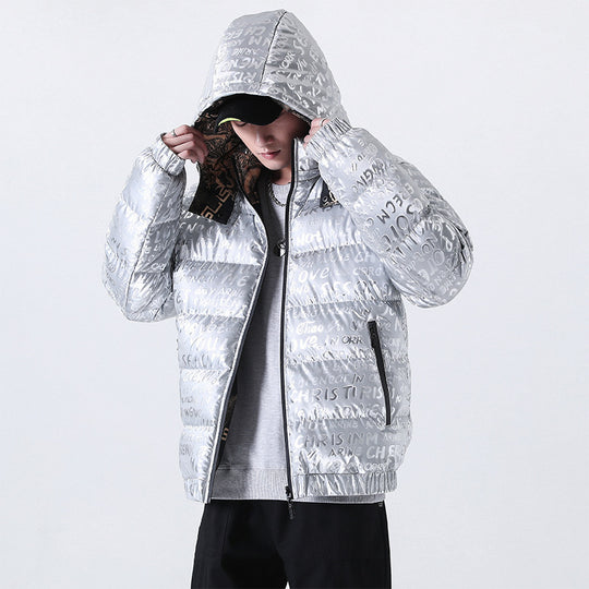 Herren Reflektierende gesteppte Daunenoptik-Überjacke mit Kapuze und Allover-Print Shop Nory