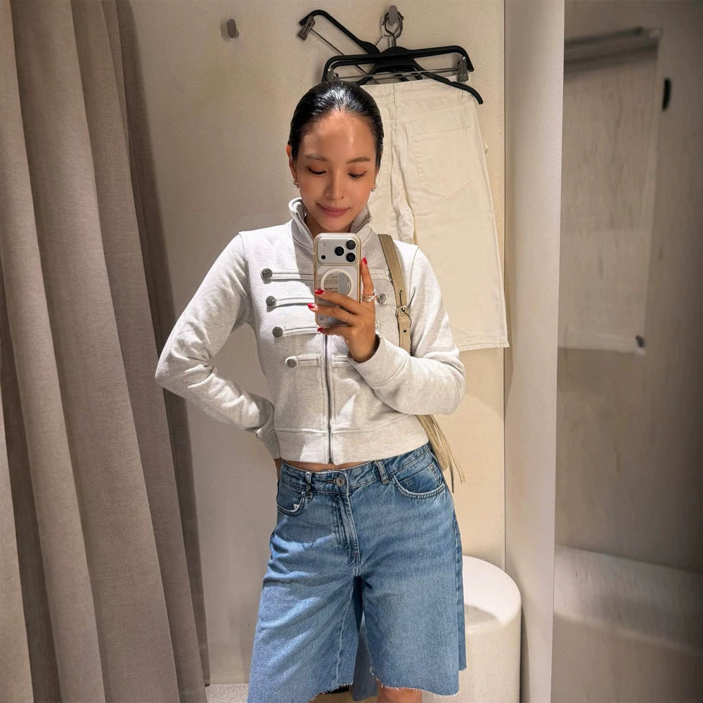 Damen Kurzgeschnittene Sweatjacke im Military-Look mit Stehkragen Shop Nory