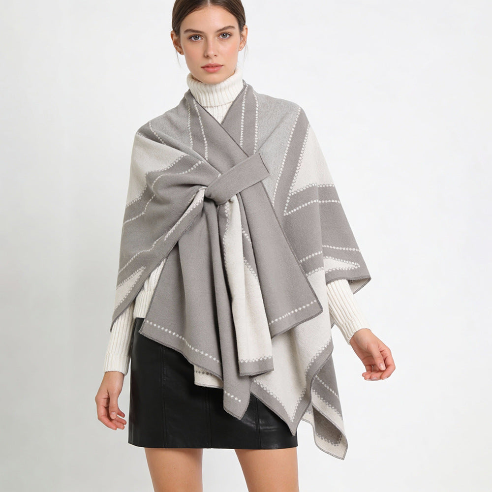 Damen Reversibler Wollmix-Poncho mit grafischem Jacquardmuster und Taillengürtel Shop Nory