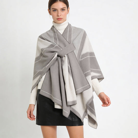 Damen Reversibler Wollmix-Poncho mit grafischem Jacquardmuster und Taillengürtel Shop Nory