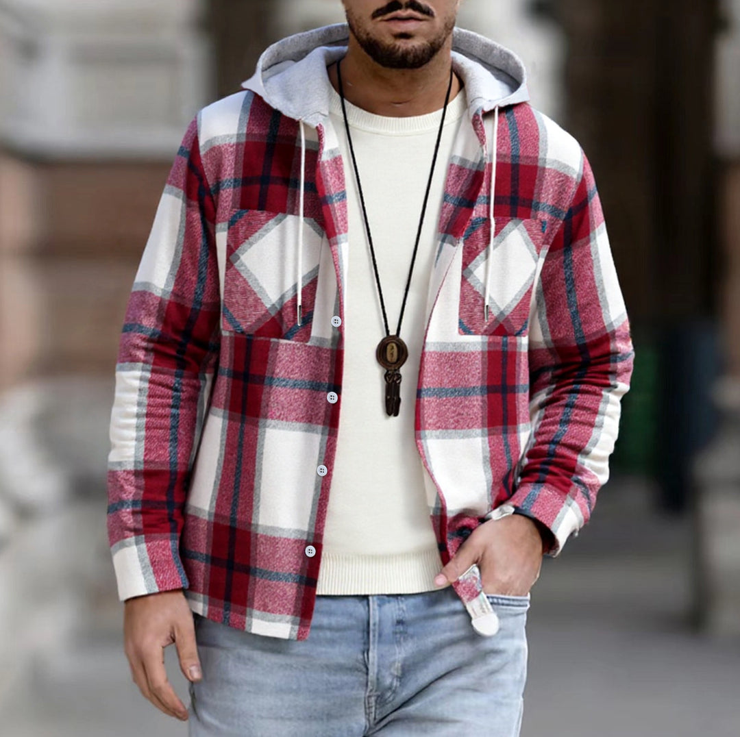 Herren kariertes Hemd Jacke mit Kapuze, Knopfleiste und Brusttaschen EB