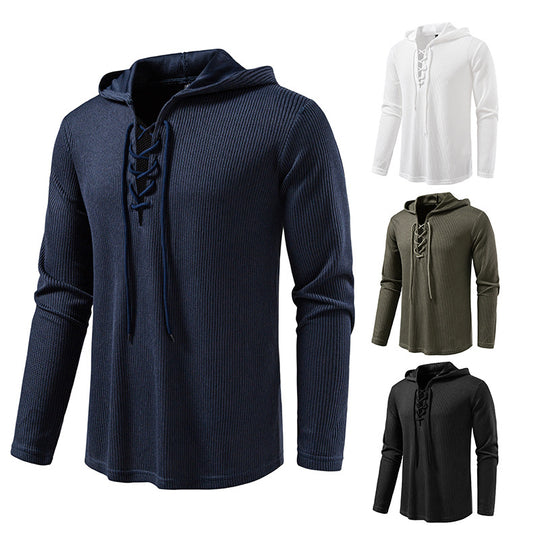 Herren Waffelstrick-Kapuzenpullover mit Schnürkragen und geradem Saum Shop Nory