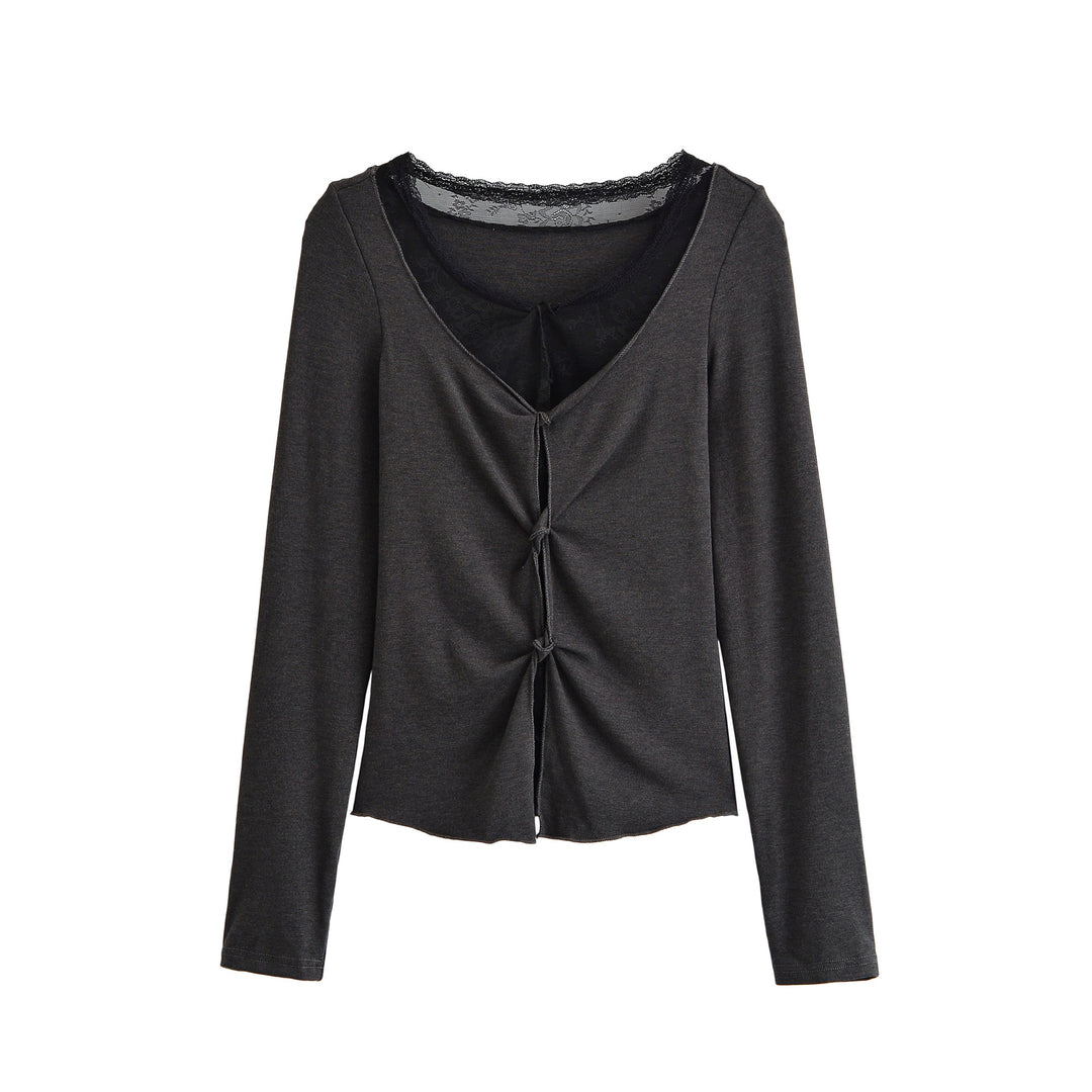 Damen Langarm-Feinjersey-Top mit Spitzen-Einsatz, Knotenfront und Raffung Shop Nory