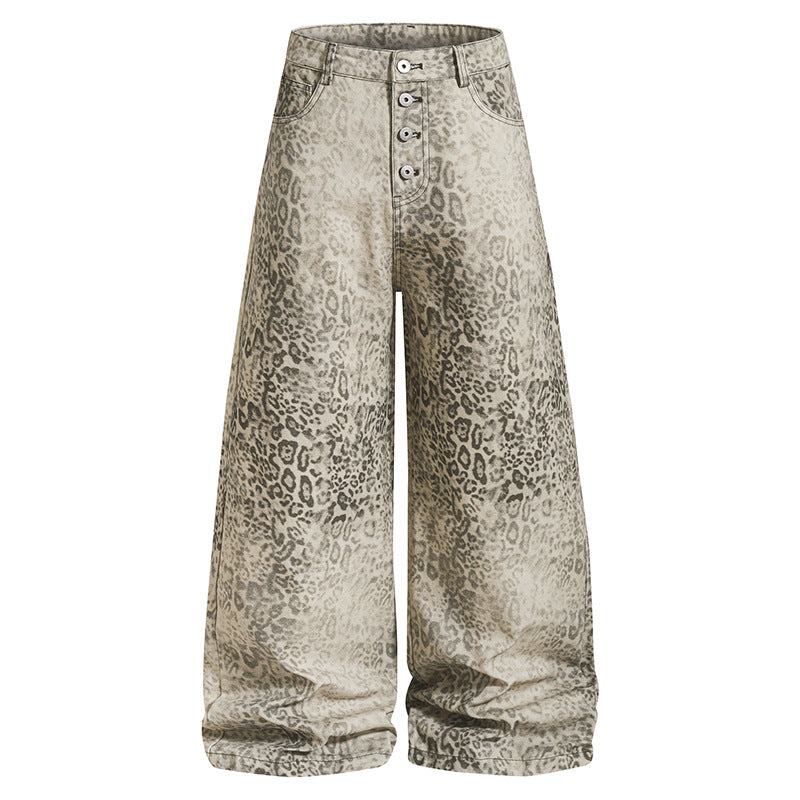 Damen Hochtaillierte Balloon-Jeans im Animalprint mit weitem Culotte‑Schnitt und Knopfleiste Shop Nory