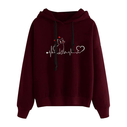 Damen nan leichter Oversize Kapuzenpullover mit Herz‑EKG‑Motiv, langen Kordeln und elastischem Bund Shop Nory