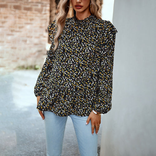 Damen nan geblümte Chiffon-Bluse mit gerafftem Stehkragen, Volant-Schultern und tailliertem Stufen-Saum Shop Nory