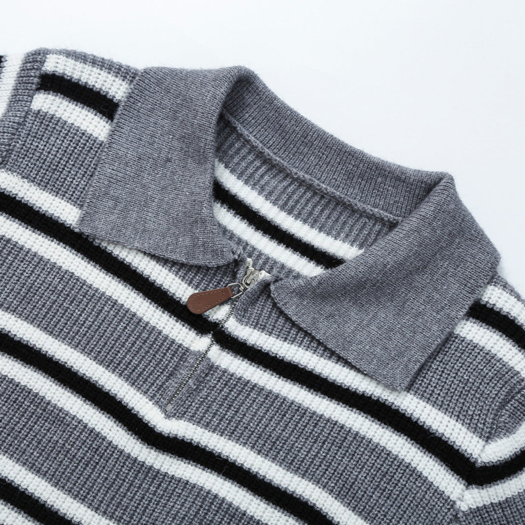 Damen Gestreifter Strickpullover mit Polokragen und Halbreißverschluss Shop Nory