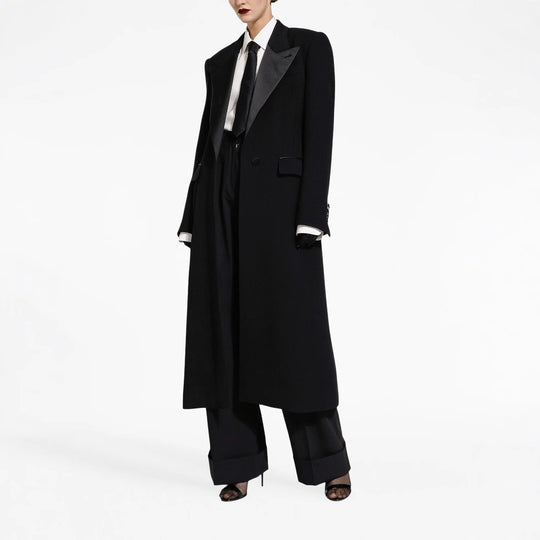 Damen Eleganter Smoking-Hosenanzug mit langem Mantel und weiten Bundfaltenhosen Shop Nory