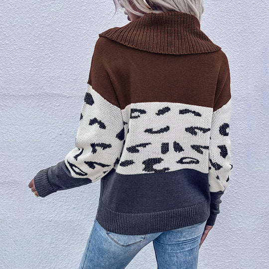 Damen Strickpullover mit weitem Rollkragen, Colorblock und Leopardenmuster Shop Nory