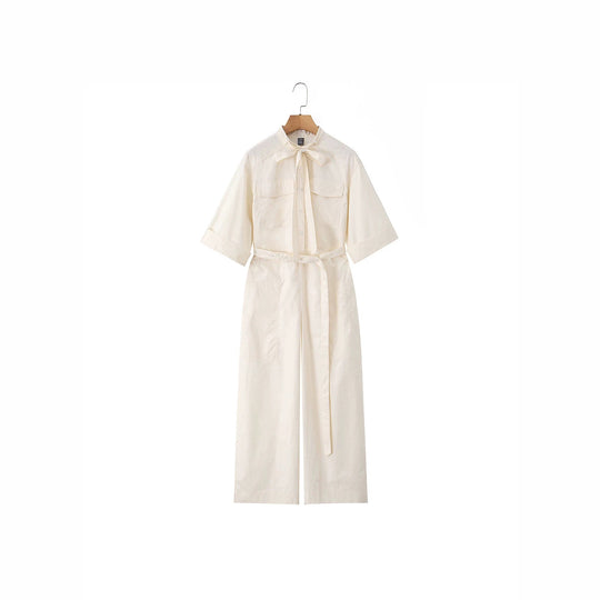 Damen Langer Utility-Jumpsuit mit Hemdkragen und Bindegürtel Shop Nory