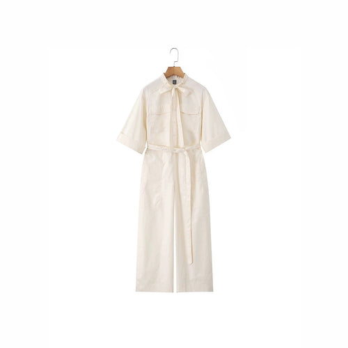 Damen Langer Utility-Jumpsuit mit Hemdkragen und Bindegürtel Shop Nory
