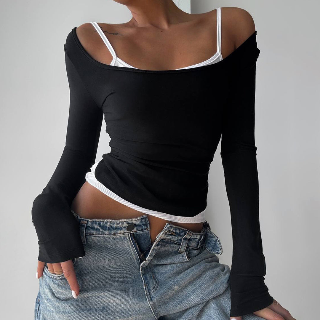 Damen nan tailliertes Longsleeve-Cropped-Top mit eckigem Ausschnitt und doppelten Spaghettiträgern Shop Nory