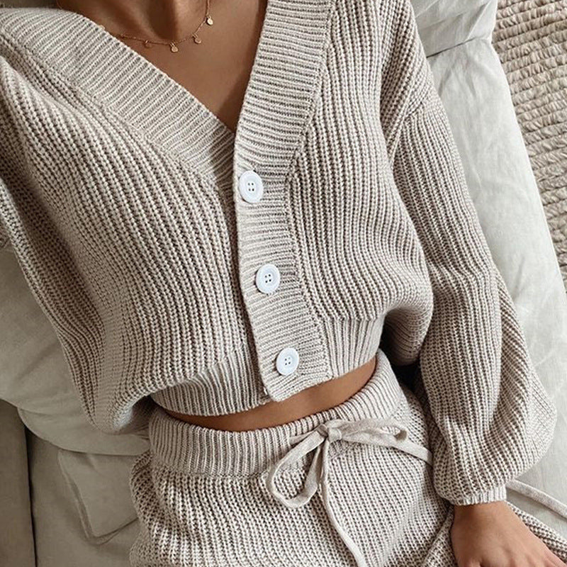 Damen Geripptes Strick-Loungewear-Set mit geknöpftem Cropped-Cardigan und High‑Waist Kordelhose Shop Nory