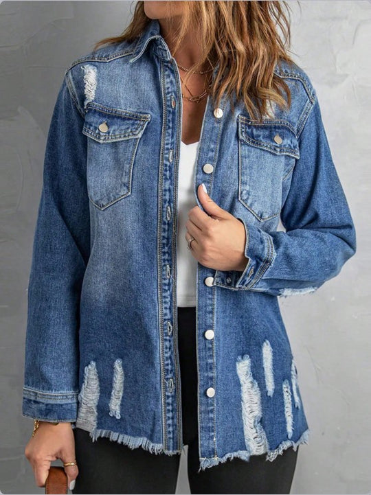 Damen Lässige Oversize-Denimjacke mit Destroyed‑Details, Hemdkragen und Fransen‑Saum Shop Nory