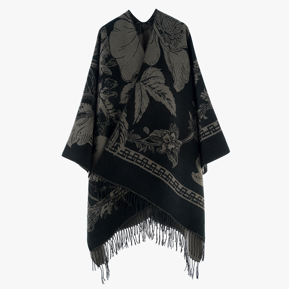 Damen Rechteckiger Jacquard-Überwurf mit floralem Allovermotiv und Fransensaum Shop Nory