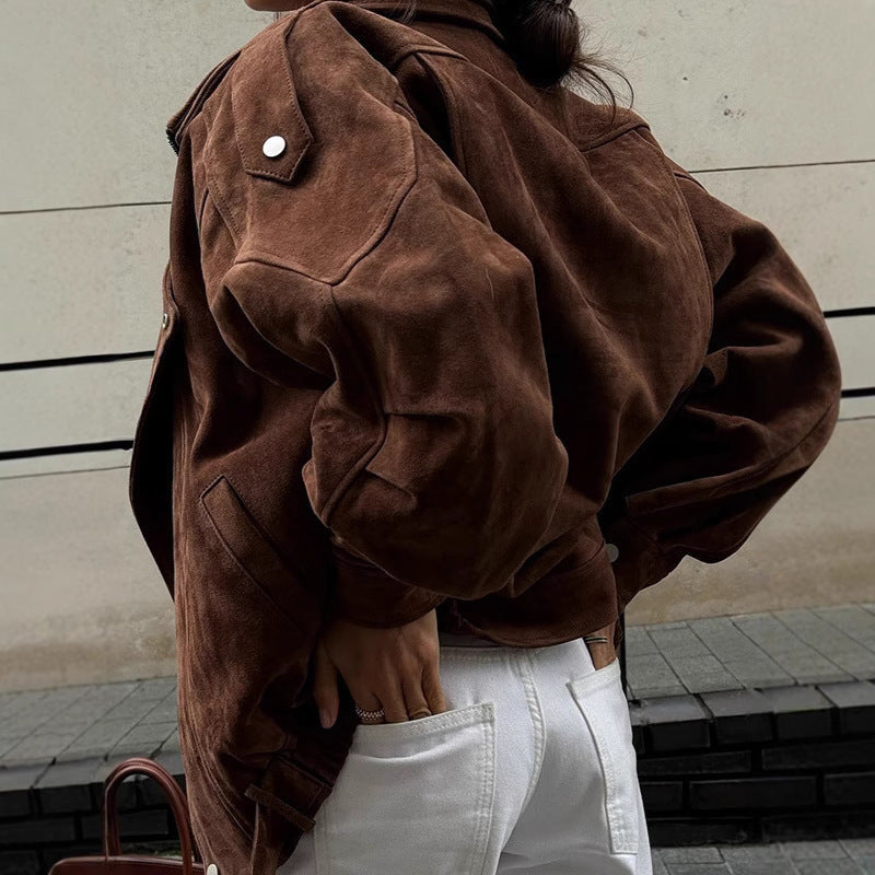 Damen lässige Wildlederjacke im Oversized-Stil mit Taillengürtel