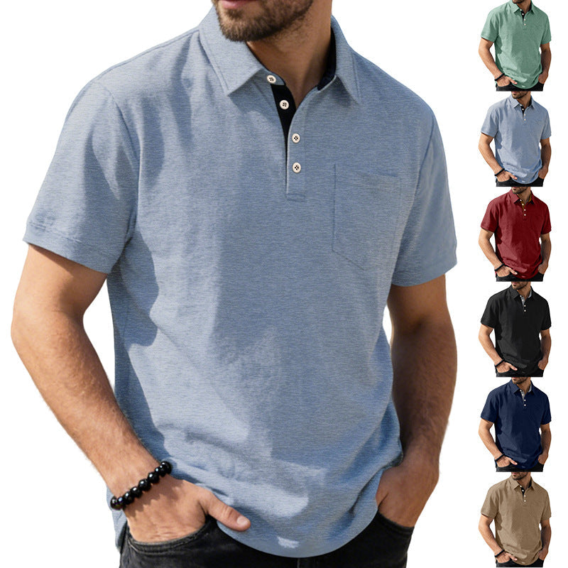 Herren nan Kurzarm-Polokragen-Shirt aus texturiertem Jersey mit Brusttasche und kontrastierter Knopfleiste