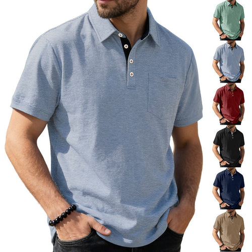 Herren nan Kurzarm-Polokragen-Shirt aus texturiertem Jersey mit Brusttasche und kontrastierter Knopfleiste