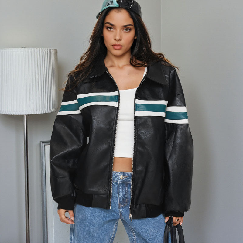 Damen Kunstleder-Bomberjacke mit Retro-Streifen und durchgehendem Reißverschluss Shop Nory
