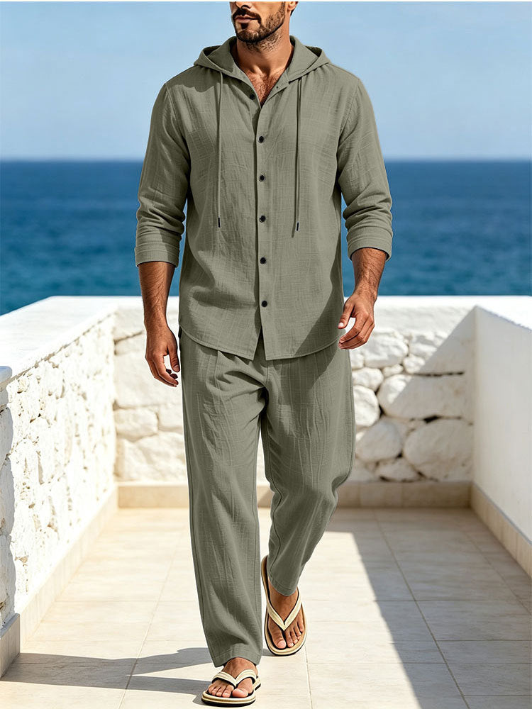 Herren Atmungsaktives Baumwoll-Gauze Loungewear-Set mit Kapuzenhemd und weiten Sommerhosen Shop Nory