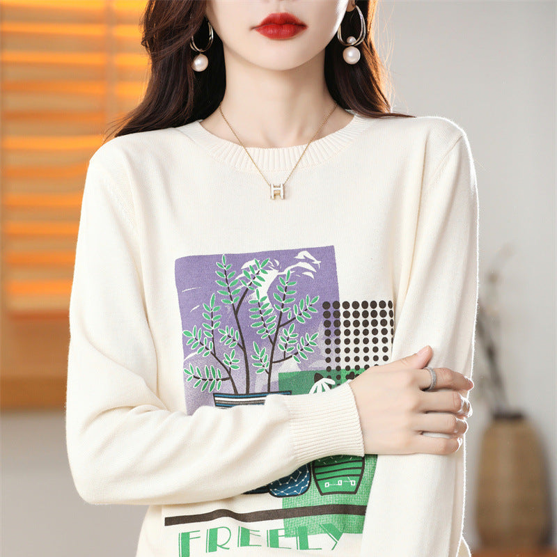 Damen Leichter Rundhalspullover mit grafischem Pflanzenprint und feinem Feinstrick Shop Nory