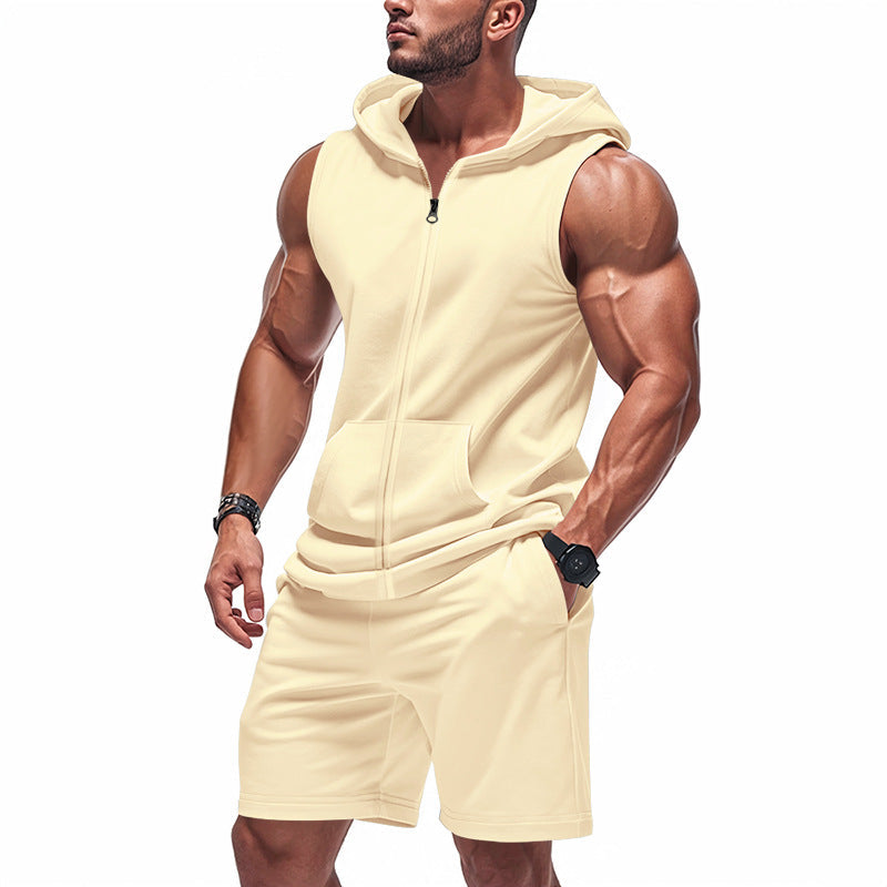 Herren nan sportliches Kapuzen-Set mit ärmelloser Sweatjacke, durchgehendem Reißverschluss und Trainingsshorts