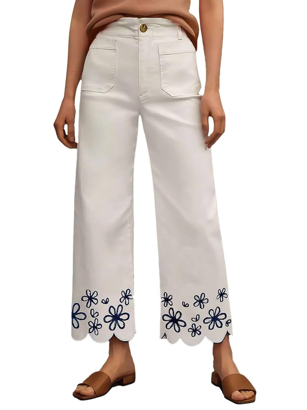 Damen Hochtaillierte Cropped‑Palazzohose mit floraler Stickerei und Wellensaum Shop Nory