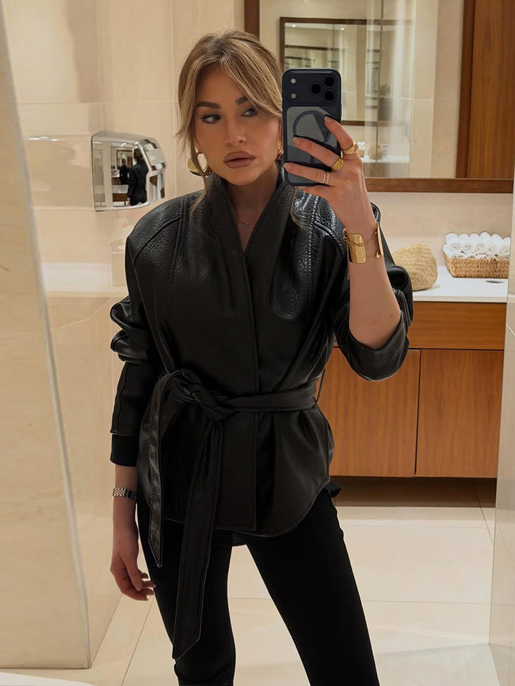 Damen Taillierte Lederjacke mit Wickelgürtel und Kimono-Kragen Shop Nory