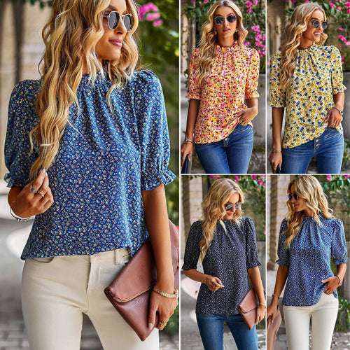 Damen Bluse mit Verspieltem Blumendesign und Puffärmeln