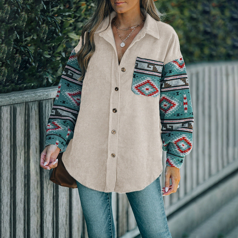 Damen Cord‑Hemdenjacke mit gemusterten Strickärmeln und aufgesetzter Brusttasche Shop Nory