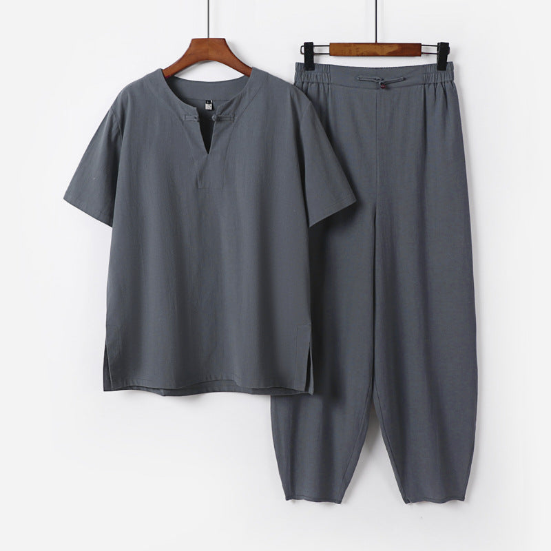 Herren Zweiteiliges Set mit Kurzarm-Stehkragenhemd und elastischer Haremshose Shop Nory