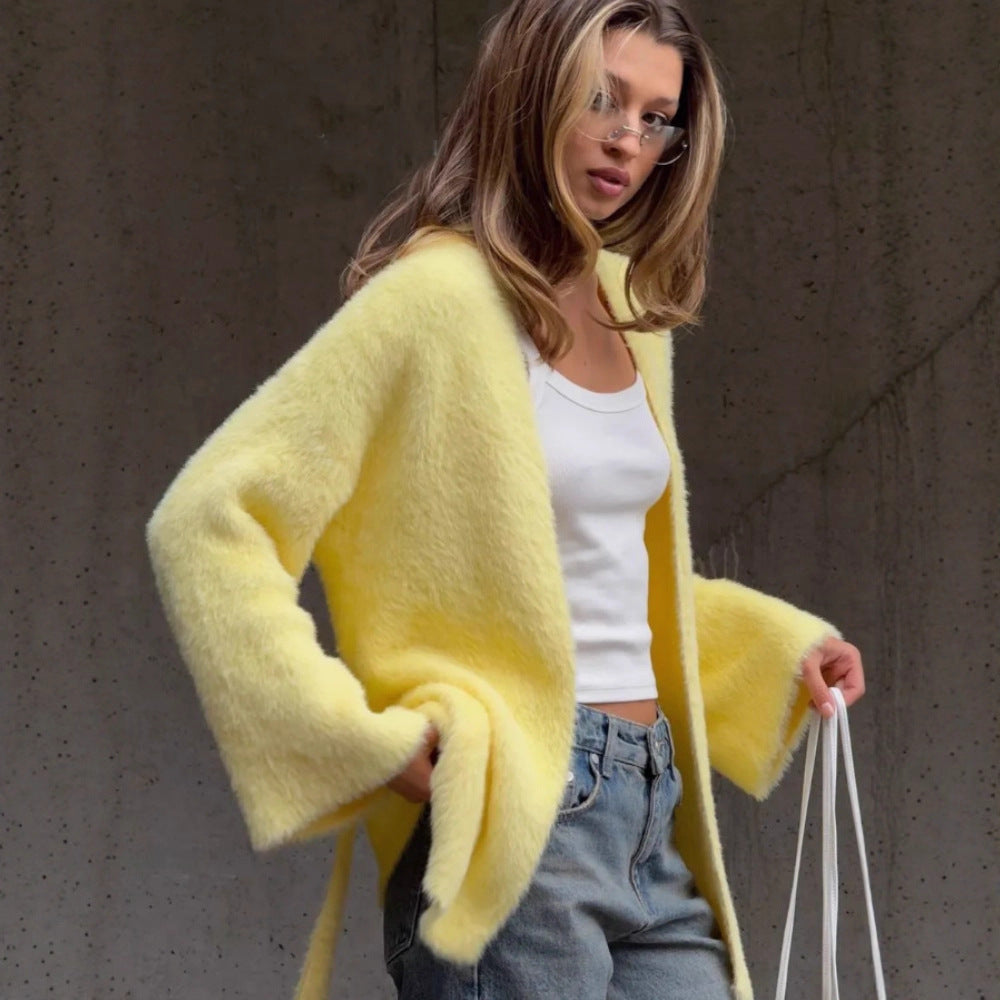 Damen Flauschige Strickjacke mit Gürtel Shop Nory