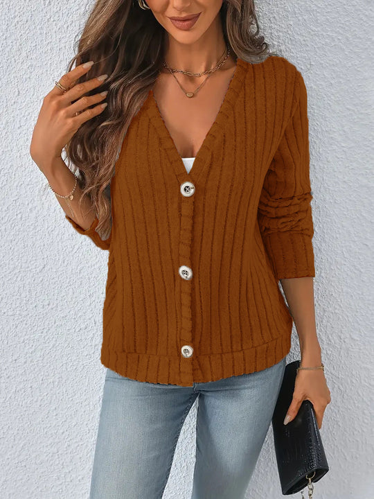 Damen gerippter V-Ausschnitt Strickcardigan mit dekorativen Knöpfen, leicht überschnittener Schulter und kastigem Saum Shop Nory